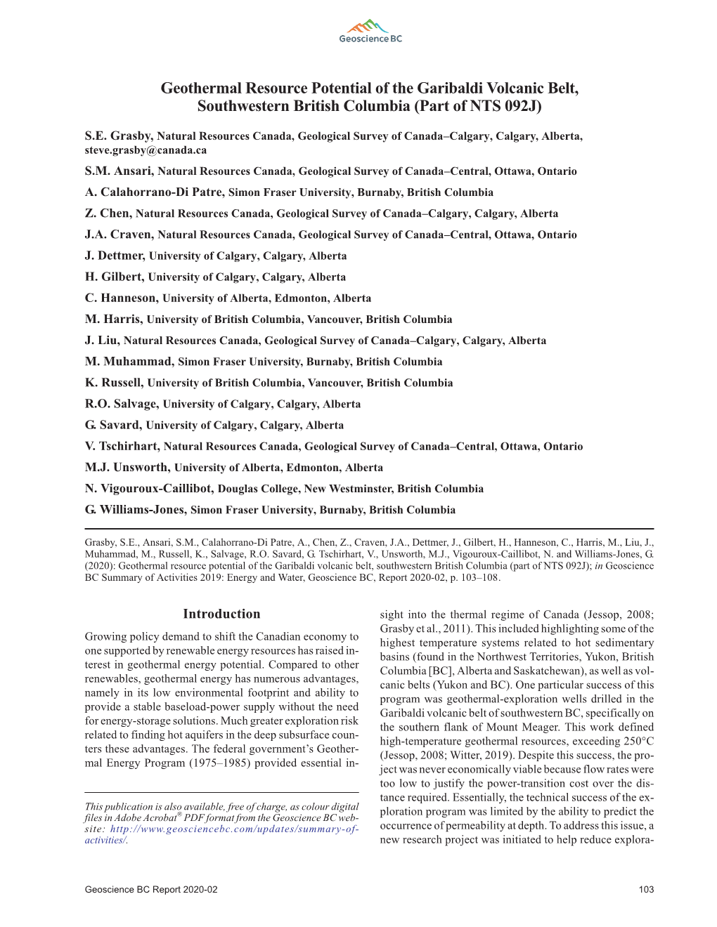 Geothermal Resource Potential of the Garibaldi Volcanic Belt, Southwestern British Columbia (Part of NTS 092J)