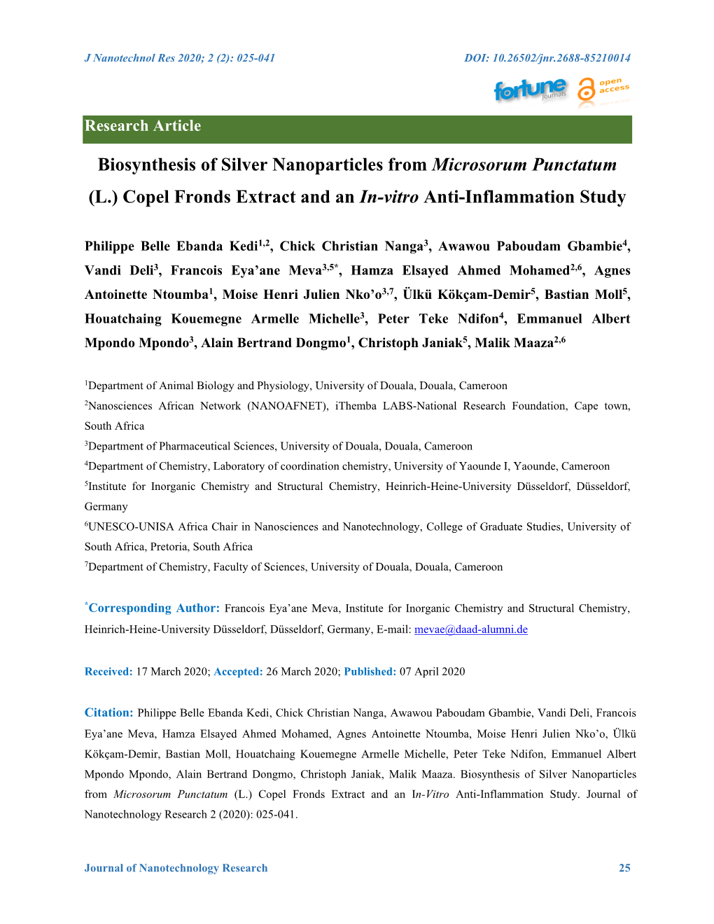 Biosynthesis of Silver Nanoparticles from Microsorum Punctatum (L.) Copel Fronds Extract and an In-Vitro Anti-Inflammation Study