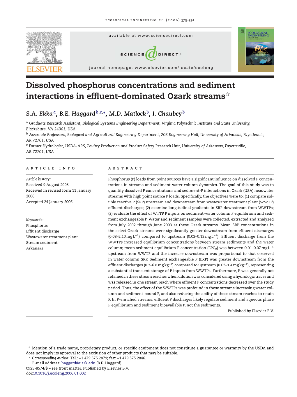 Dissolved Phosphorus Concentrations and Sediment Interactions in Efﬂuent–Dominated Ozark Streamsଝ