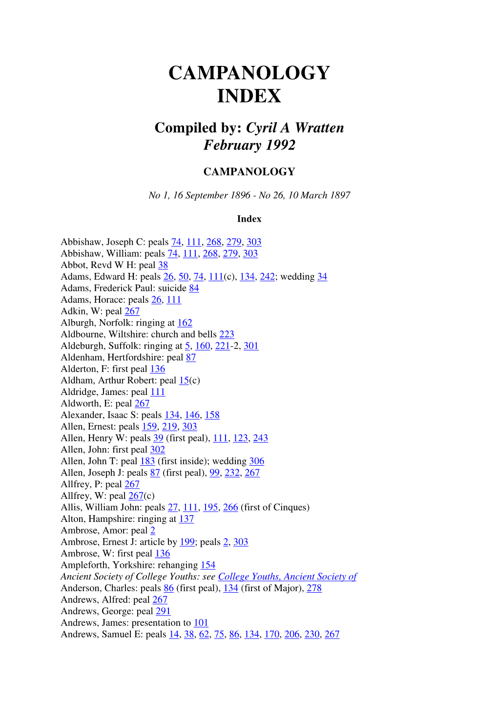 CAMPANOLOGY INDEX Compiled By: Cyril a Wratten February 1992