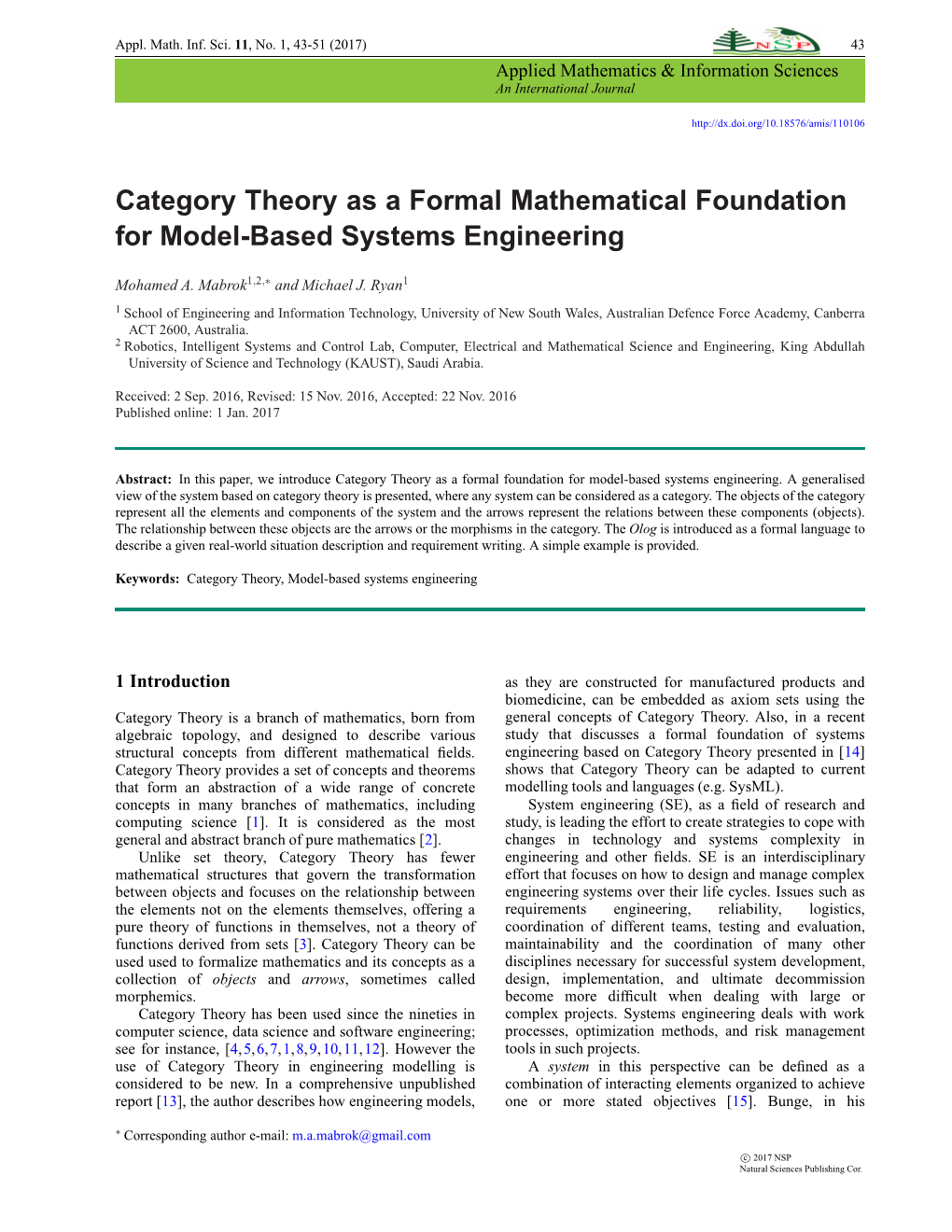 Category Theory As a Formal Mathematical Foundation for Model-Based Systems Engineering