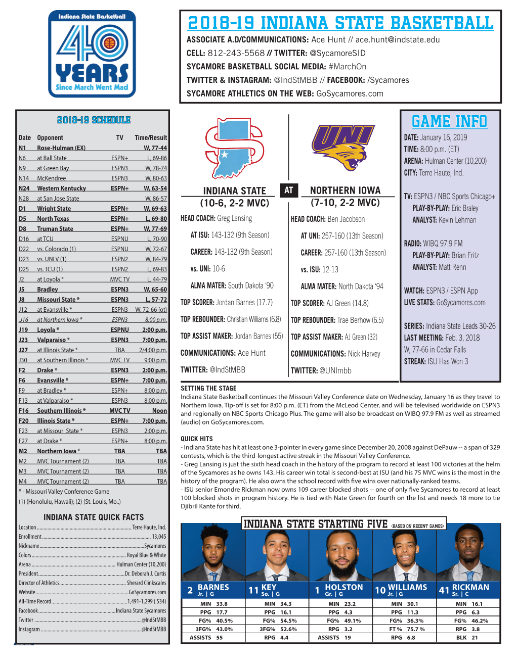 2018-19 Indiana State Basketball