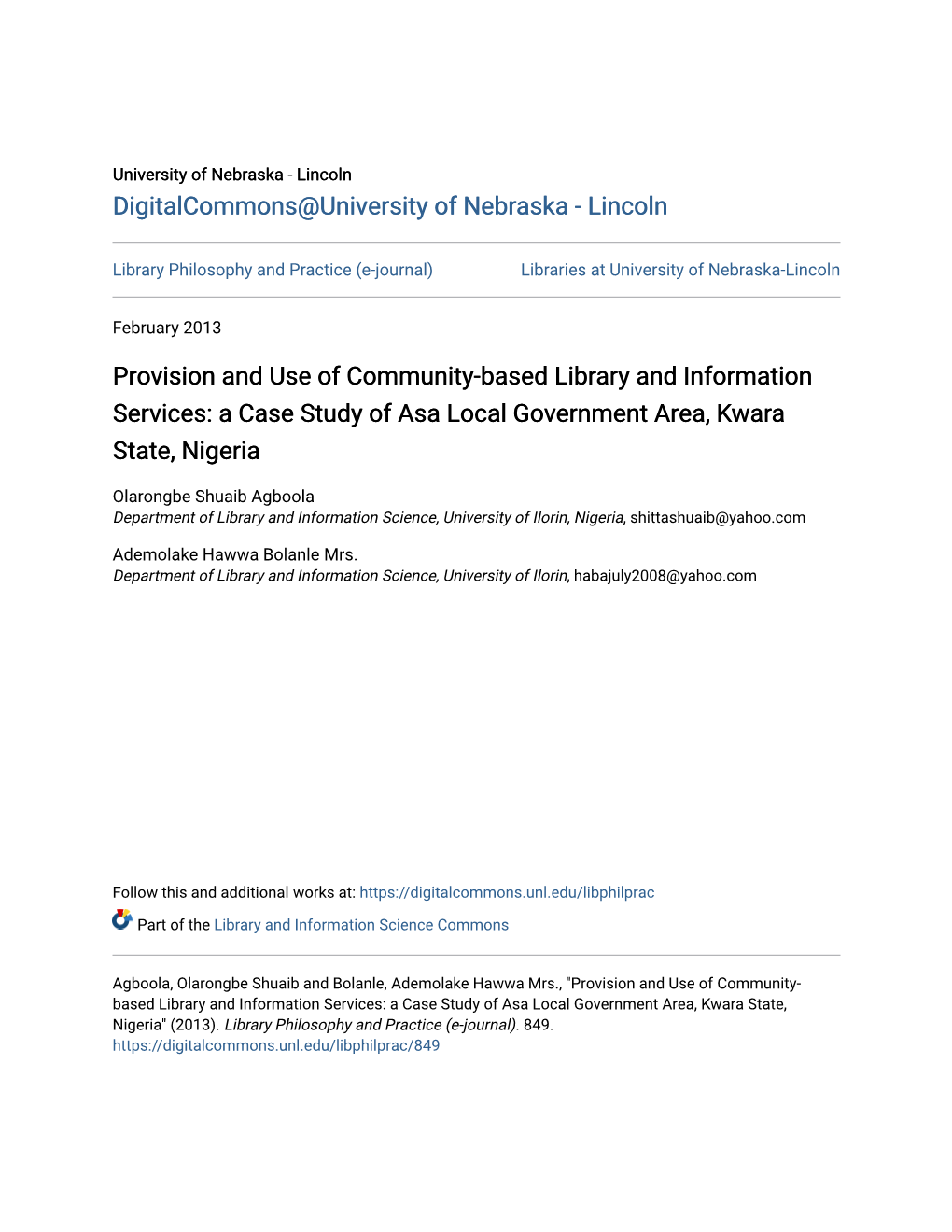 A Case Study of Asa Local Government Area, Kwara State, Nigeria