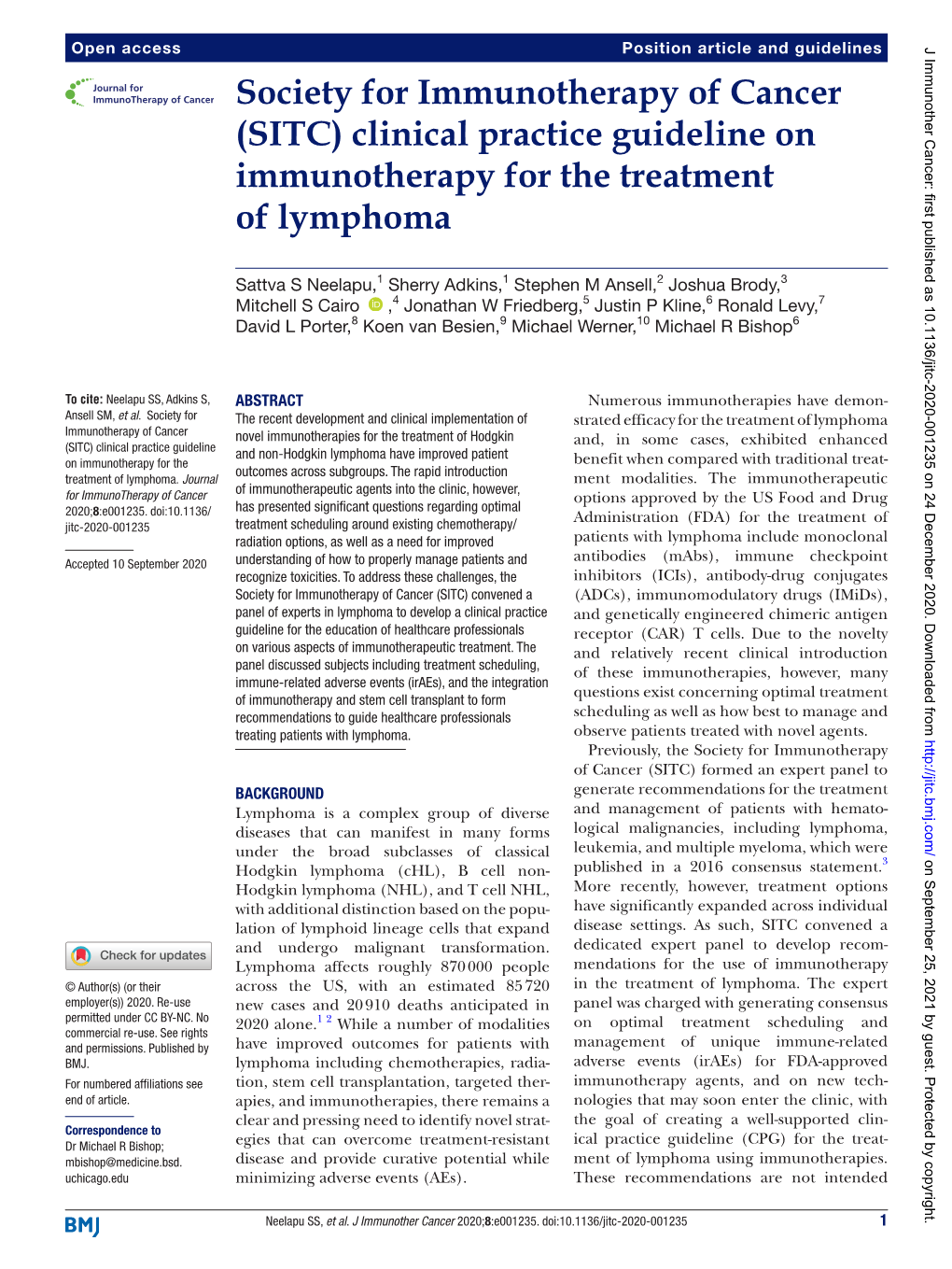 (SITC) Clinical Practice Guideline on Immunotherapy for the Treatment of Lymphoma