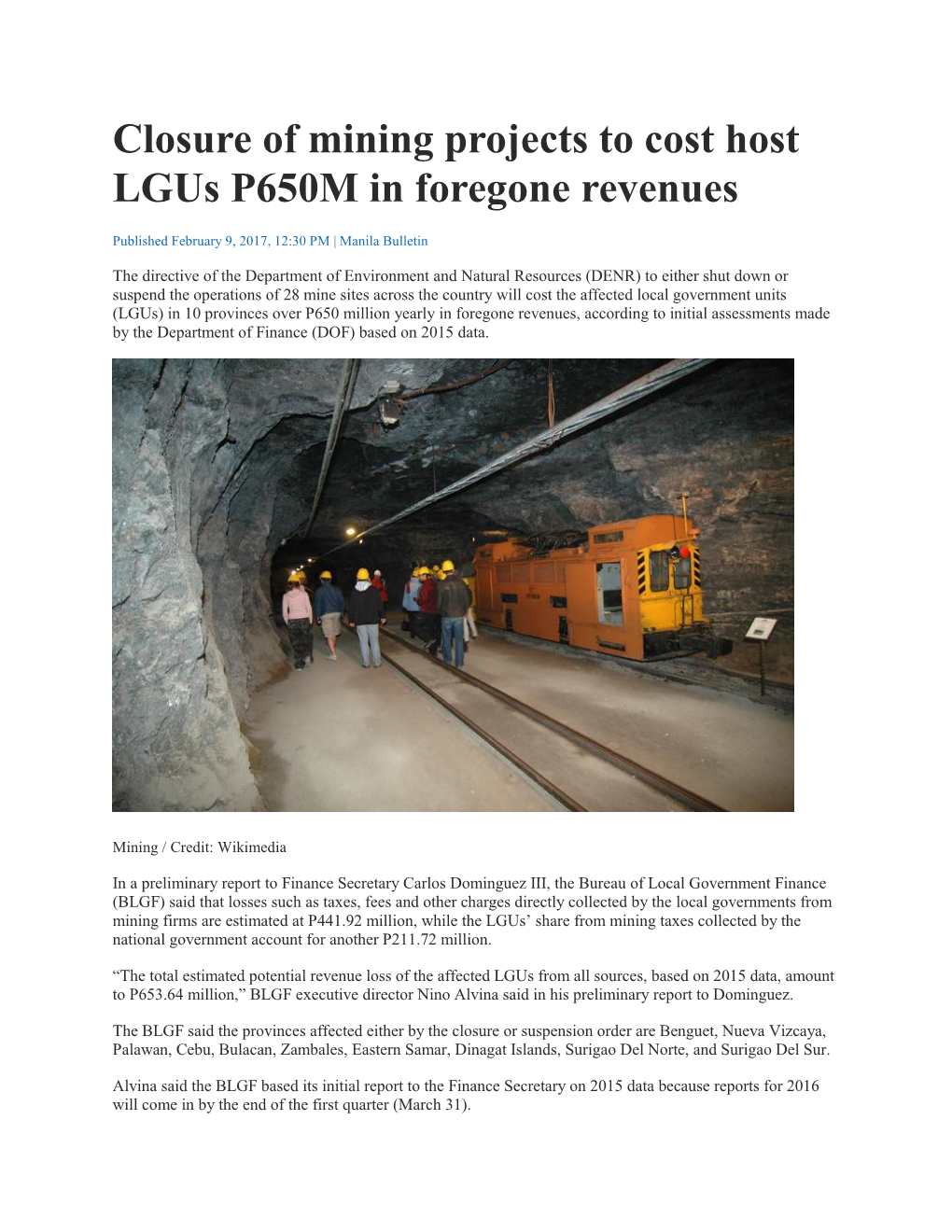 Closure of Mining Projects to Cost Host Lgus P650M in Foregone Revenues
