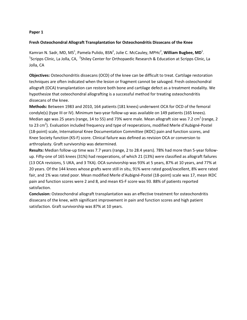 Paper 1 Fresh Osteochondral Allograft Transplantation for Osteochondritis