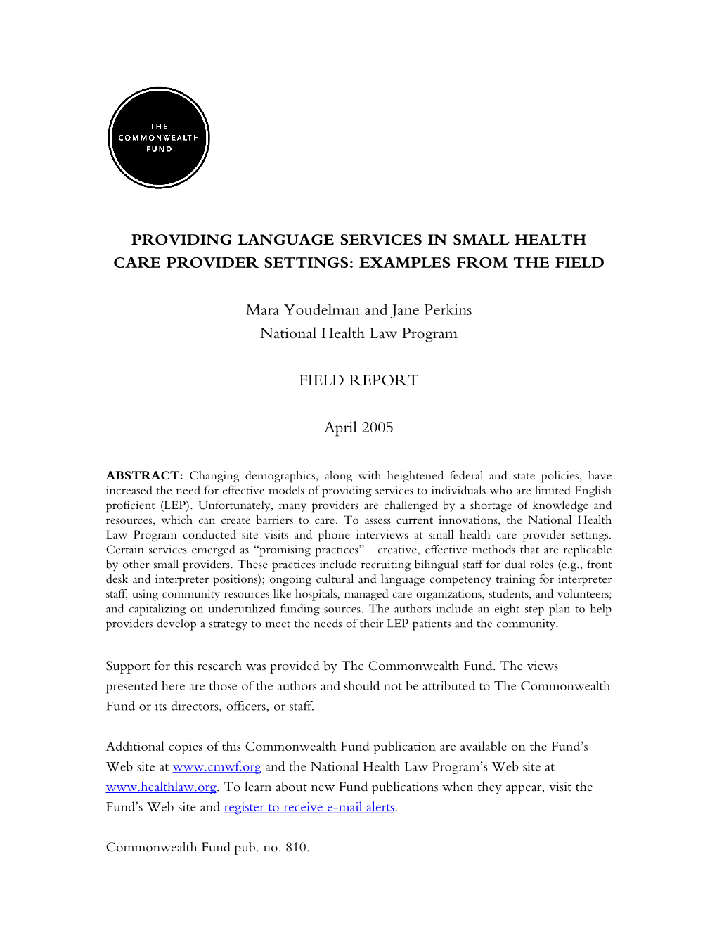 Providing Language Services in Small Health Care Provider Settings: Examples from the Field