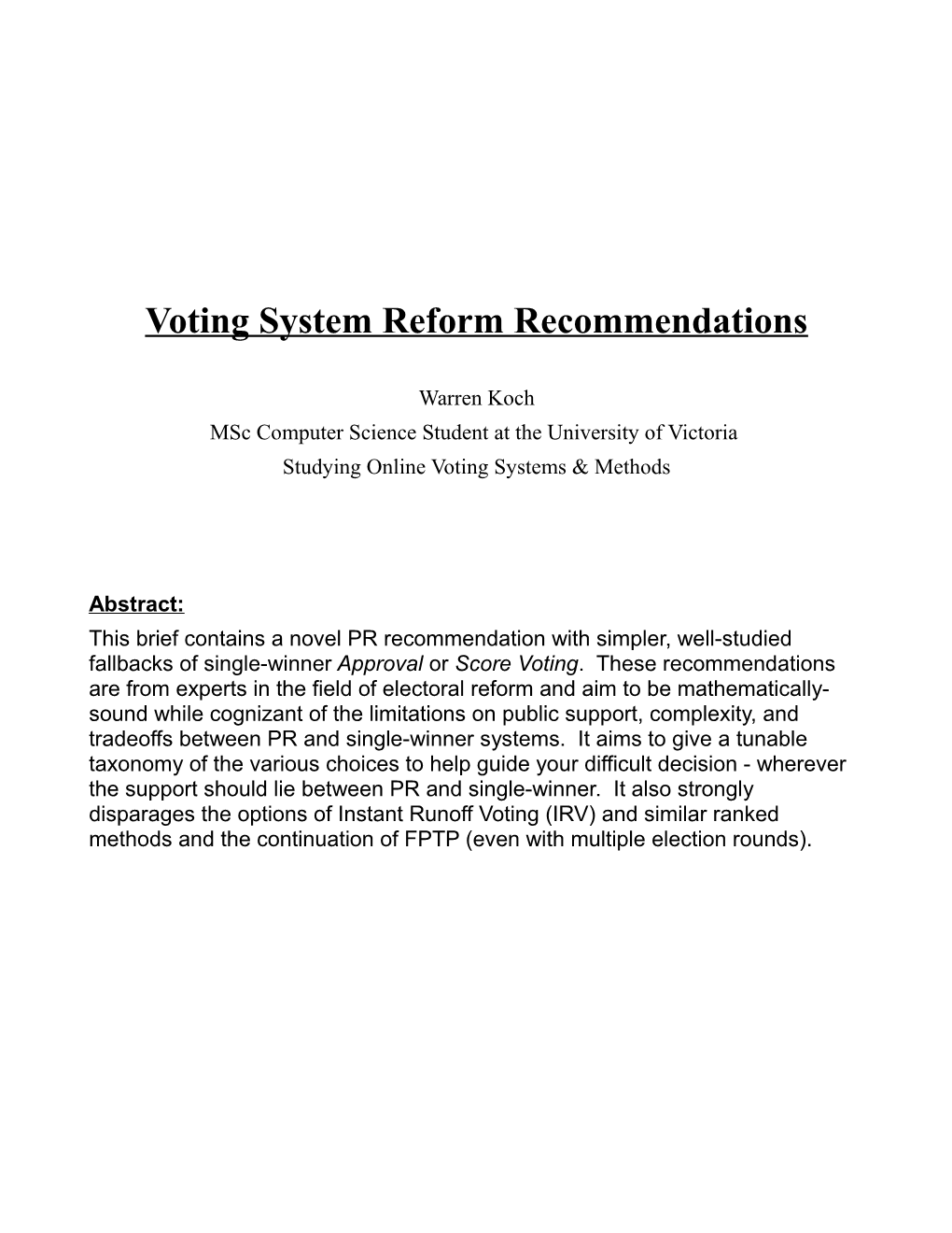 Voting System Reform Recommendations