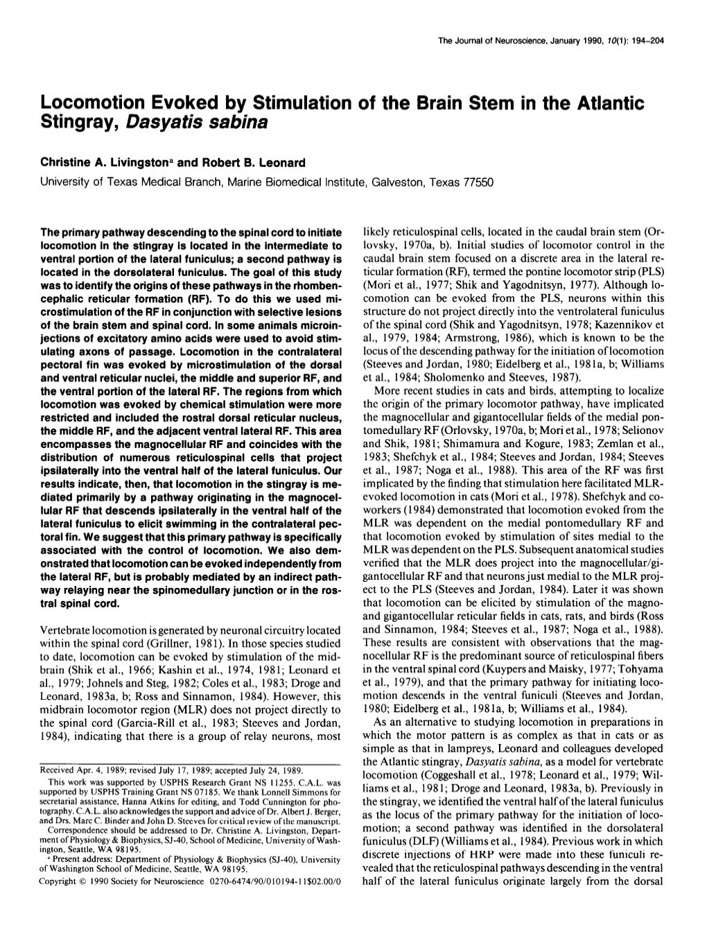 Locomotion Evoked by Stimulation of the Brain Stem in the Atlantic Stingray, Dasyatis Sabina