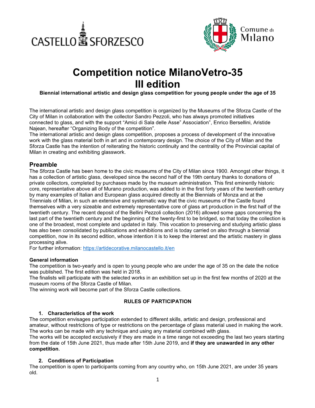 Competition Notice Milanovetro-35 III Edition Biennial International Artistic and Design Glass Competition for Young People Under the Age of 35