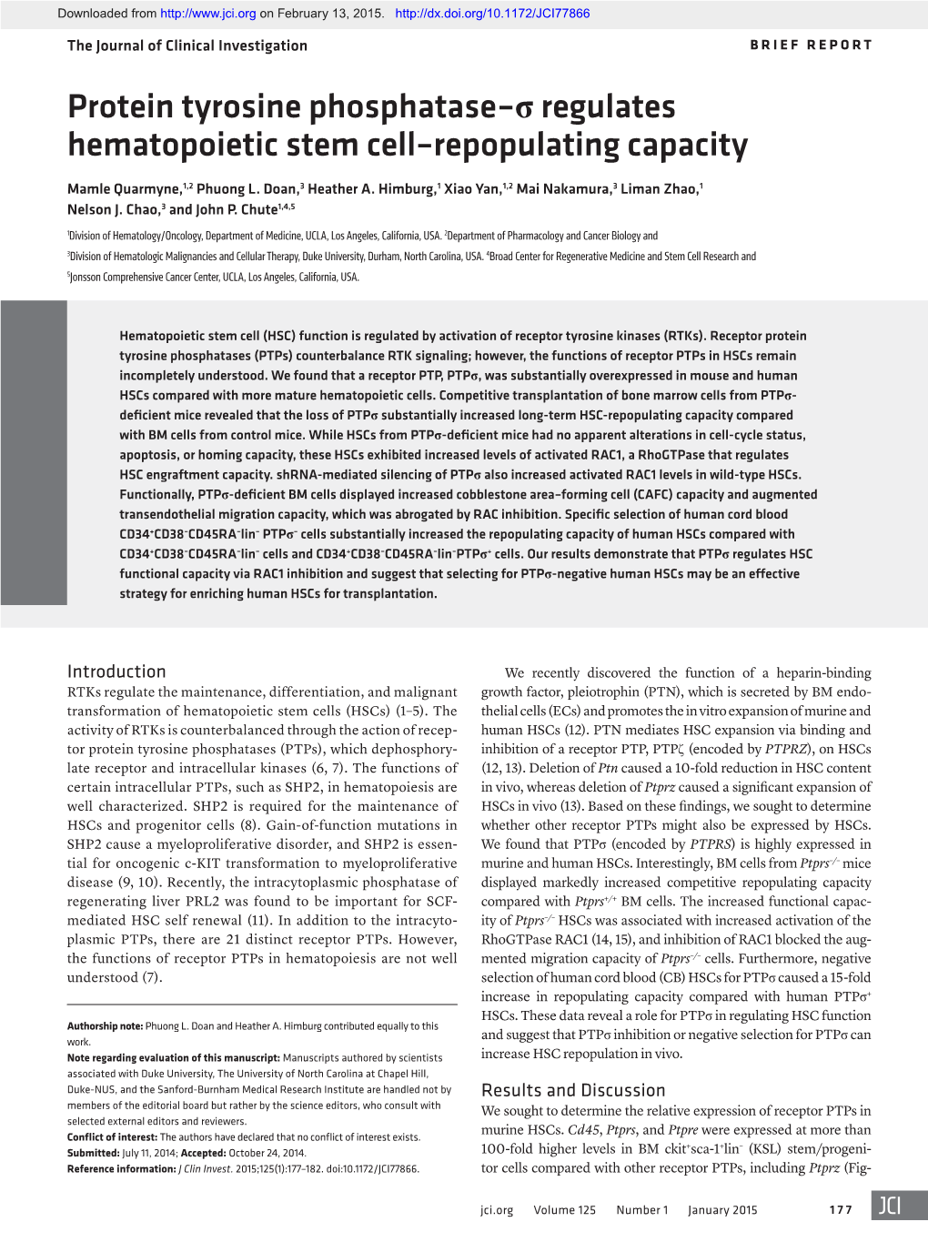 Protein Tyrosine Phosphatase–Σ Regulates Hematopoietic Stem Cell–Repopulating Capacity