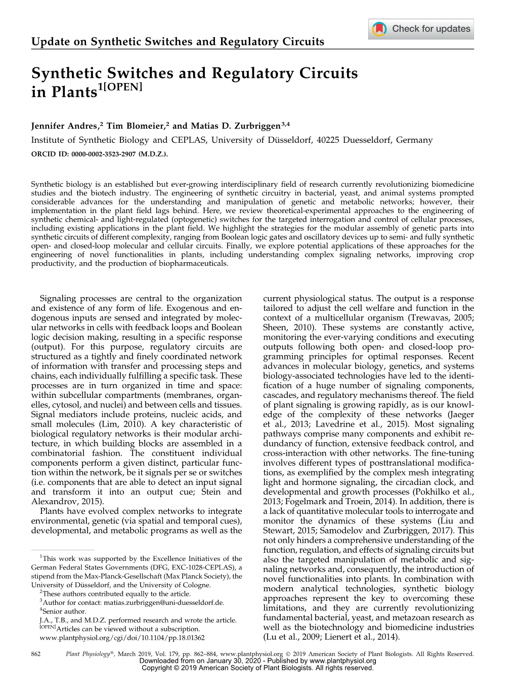 Synthetic Switches and Regulatory Circuits in Plants1[OPEN]