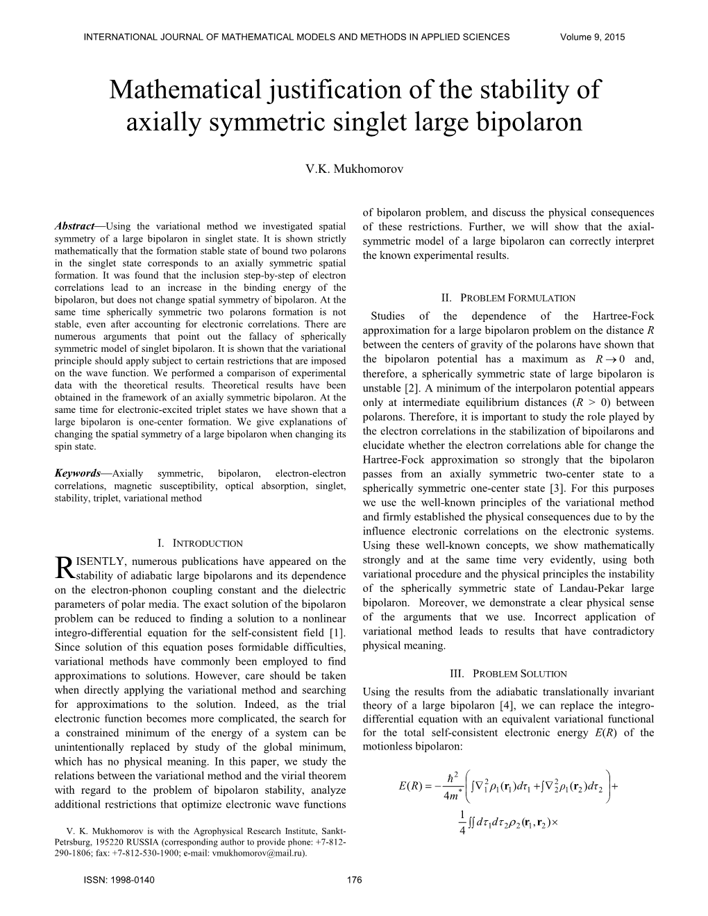 Mathematical Justification of the Stability of Axially Symmetric Singlet Large Bipolaron