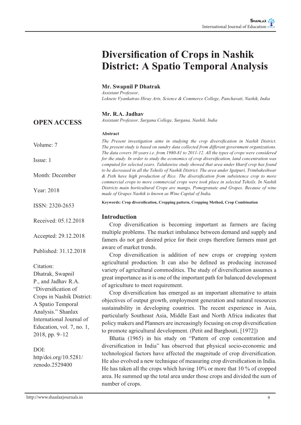 Diversification of Crops in Nashik District: a Spatio Temporal Analysis