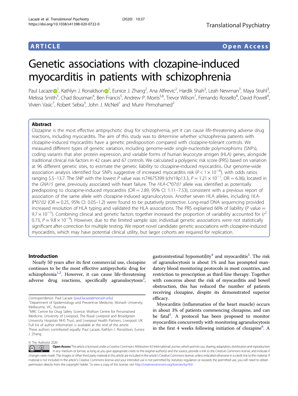 Genetic Associations with Clozapine-Induced Myocarditis in Patients with Schizophrenia Paul Lacaze 1, Kathlyn J