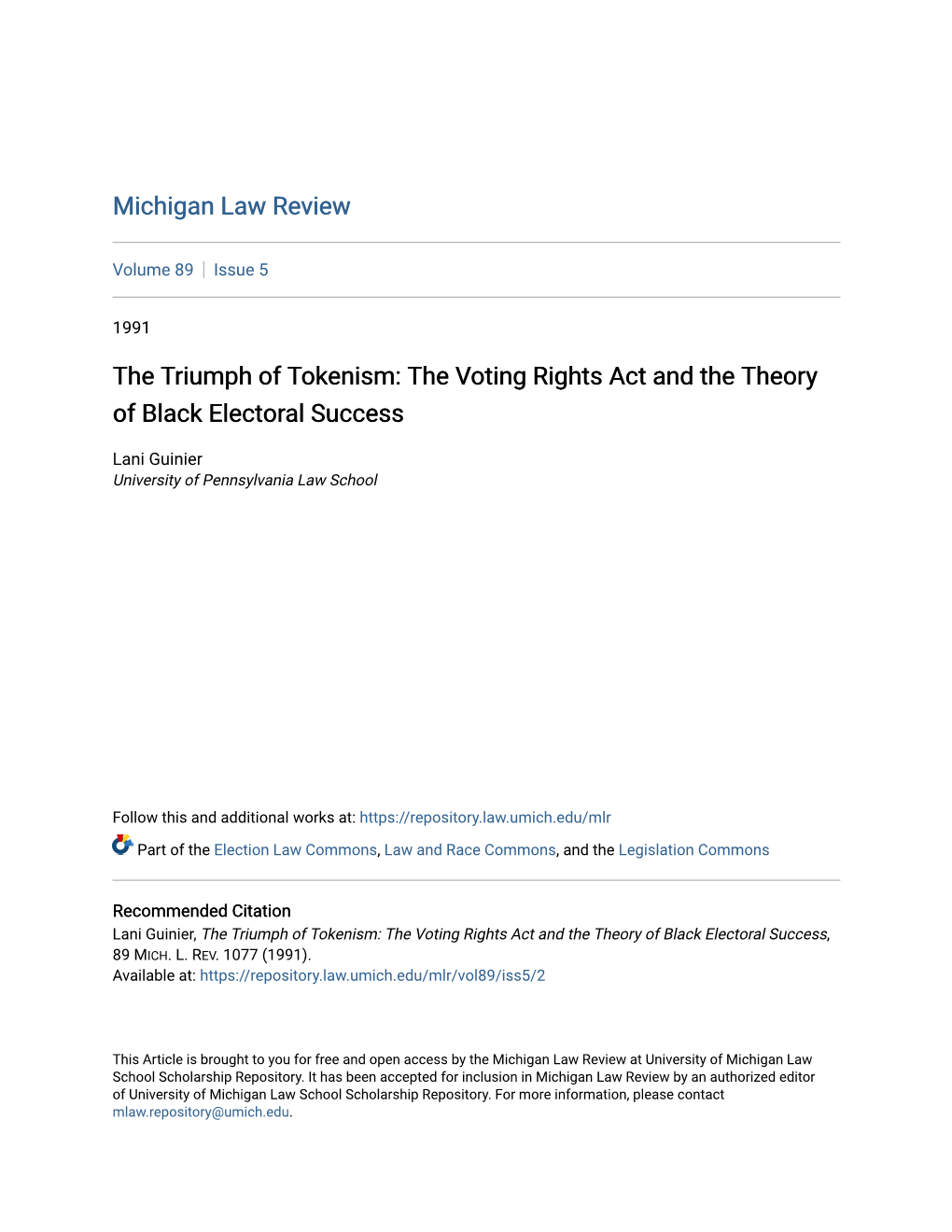 The Triumph of Tokenism: the Voting Rights Act and the Theory of Black Electoral Success