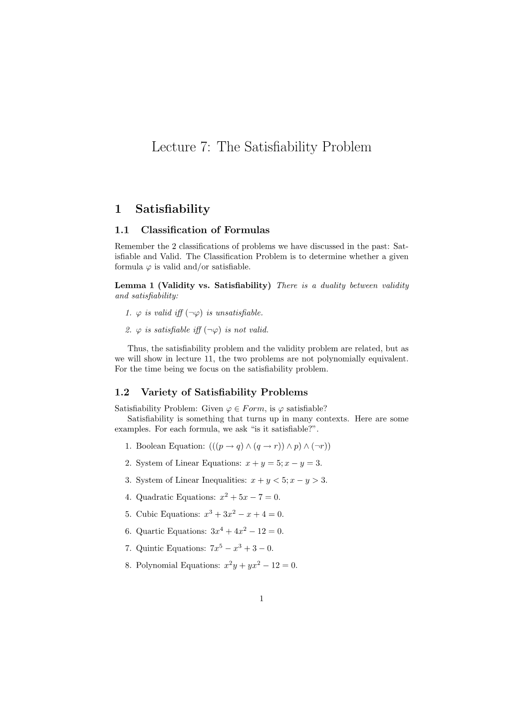 Lecture 7: the Satisfiability Problem