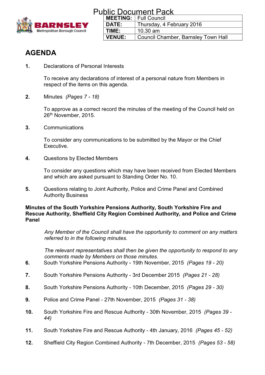 (Public Pack)Agenda Document for Full Council, 04/02/2016 10:30