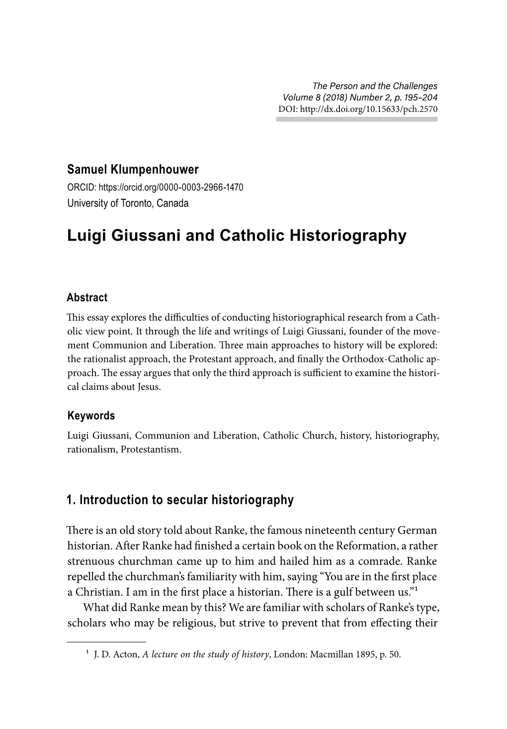 Luigi Giussani and Catholic Historiography