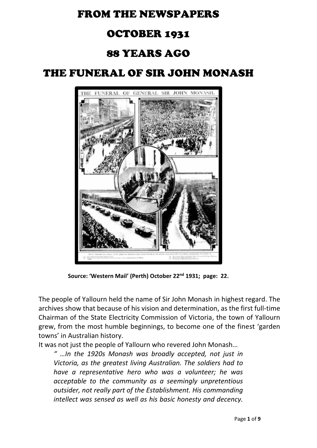 The Funeral of Sir John Monash