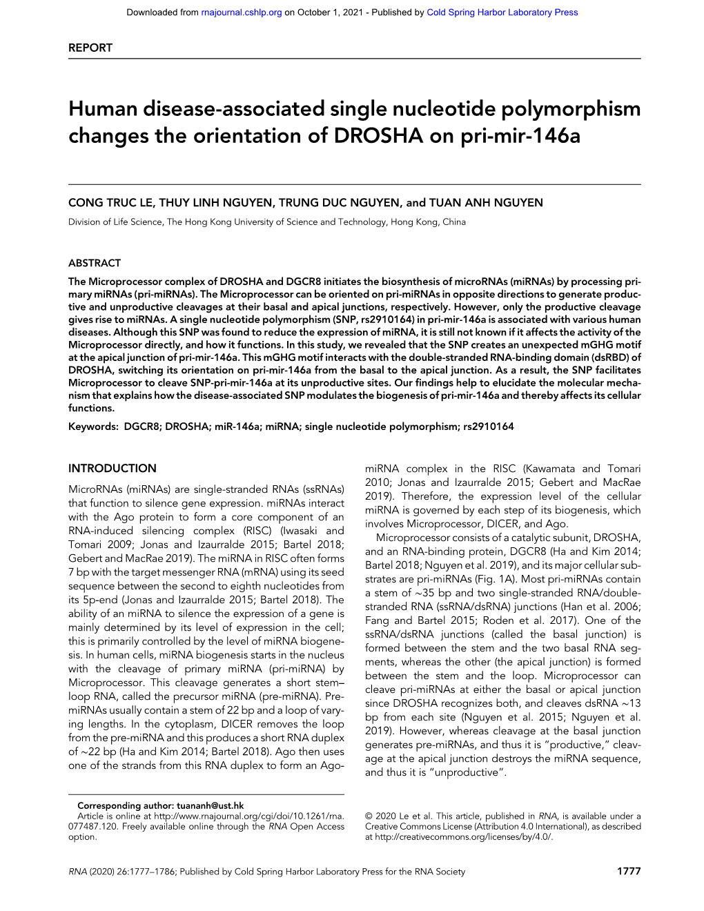 Human Disease-Associated Single Nucleotide Polymorphism Changes the Orientation of DROSHA on Pri-Mir-146A