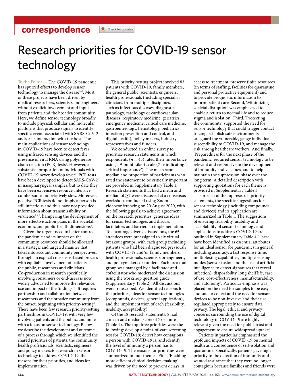 Research Priorities for COVID-19 Sensor Technology