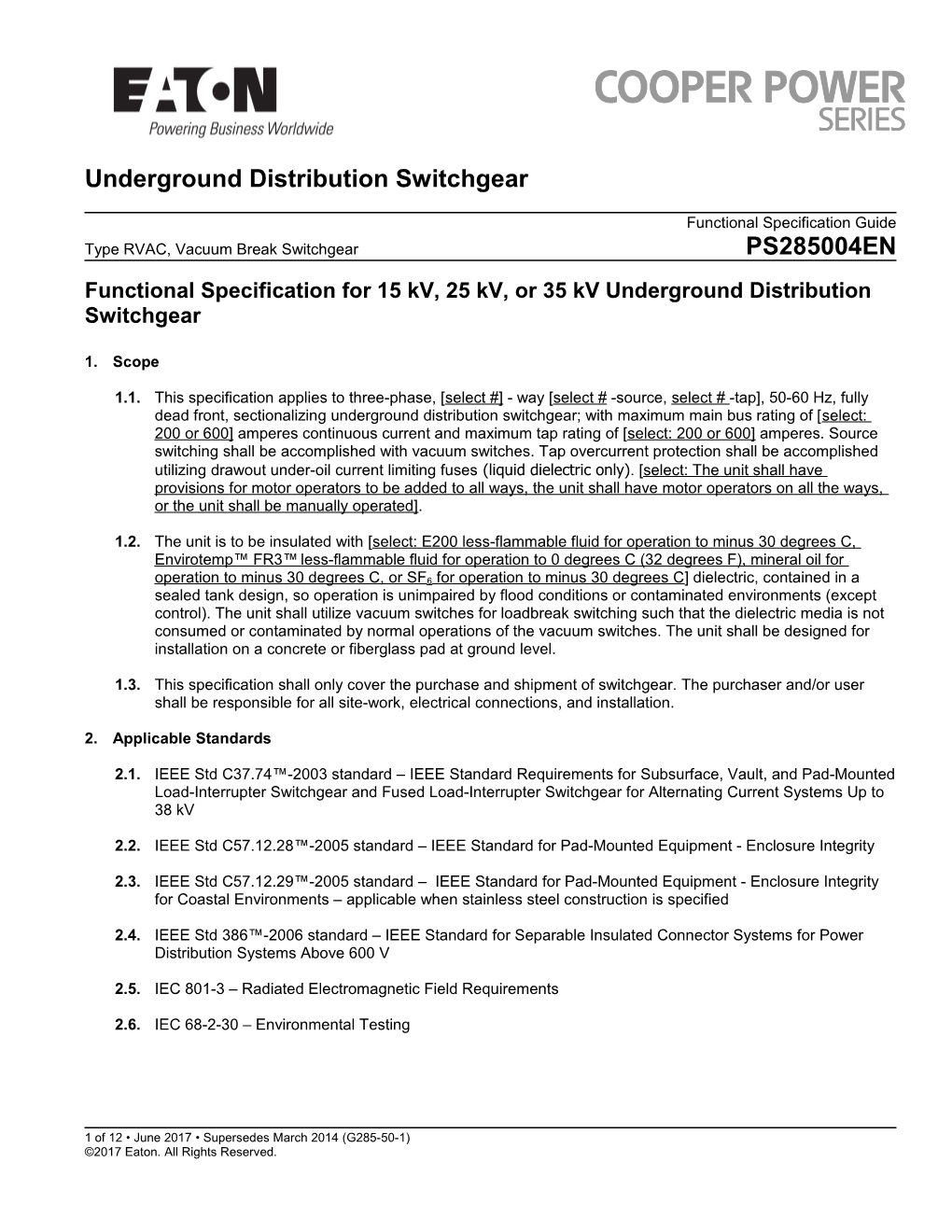 Functional Specification for 15 Kv, 25 Kv, Or 35 Kv Underground Distribution Switchgear