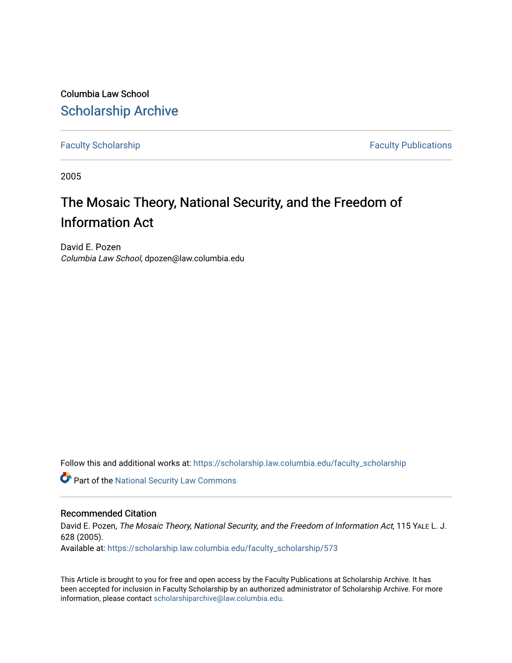The Mosaic Theory, National Security, and the Freedom of Information Act