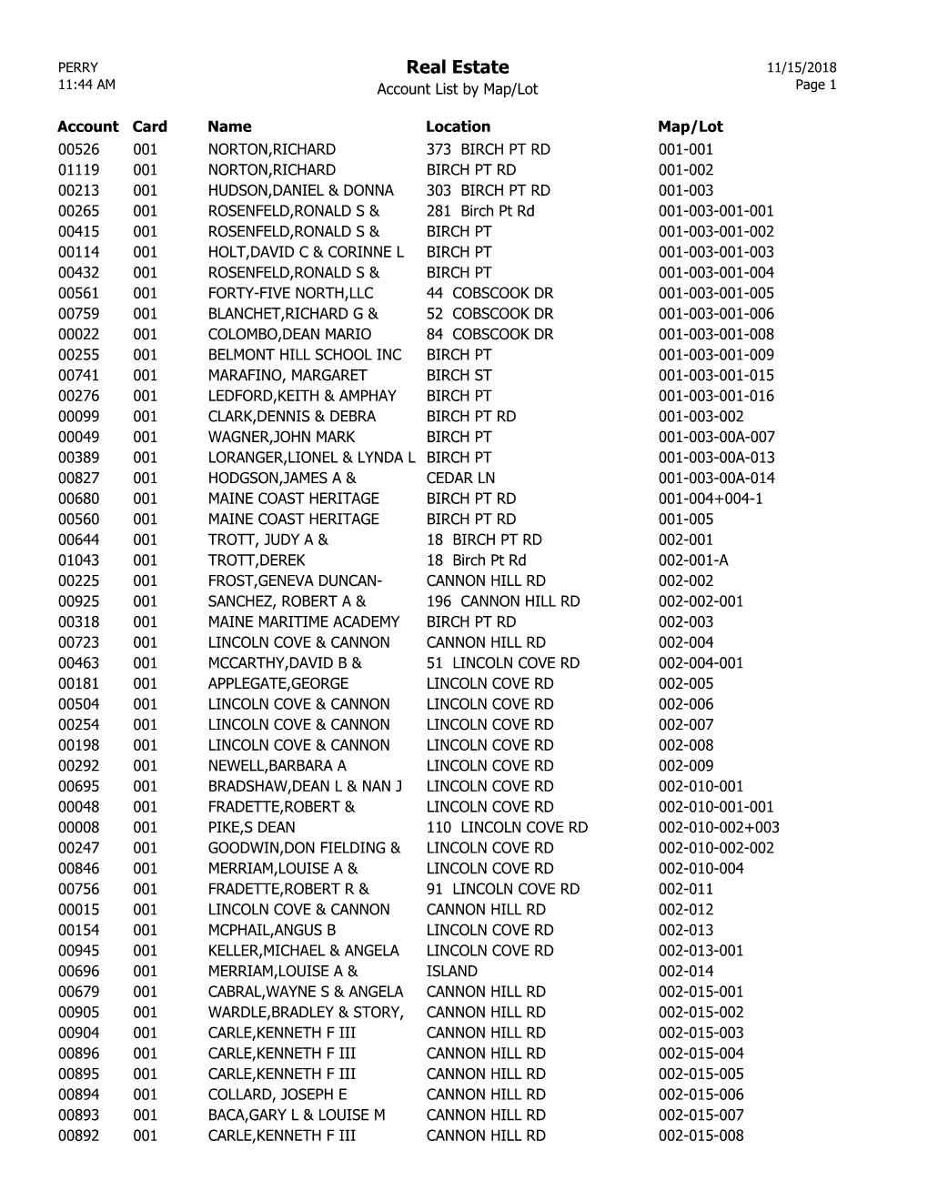 Real Estate 11/15/2018 11:44 AM Account List by Map/Lot Page 1