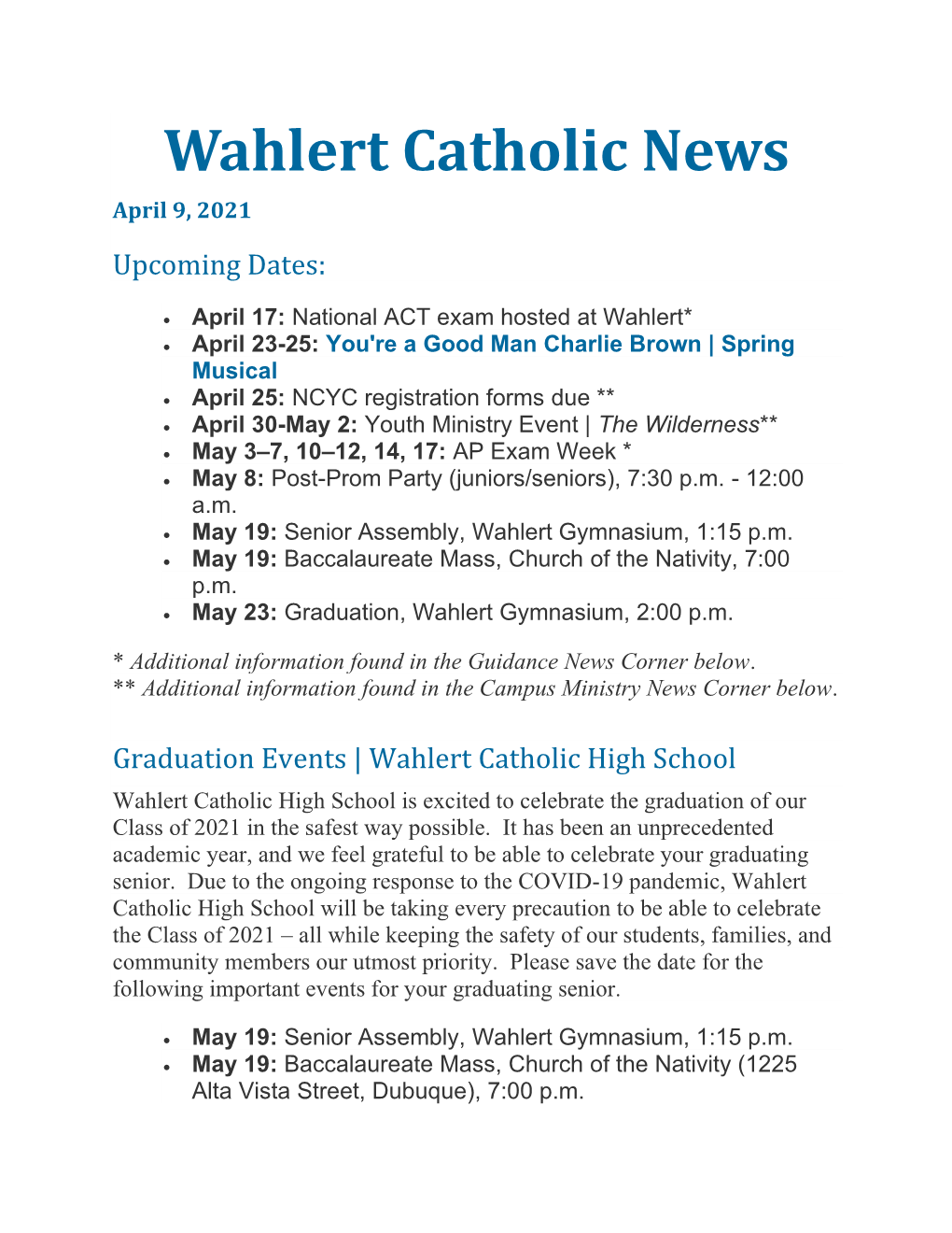 Wahlert Catholic News April 9, 2021 Upcoming Dates
