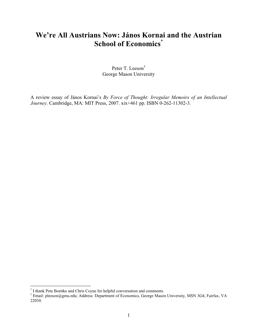 Janos Kornai and the Austrian School of Economics