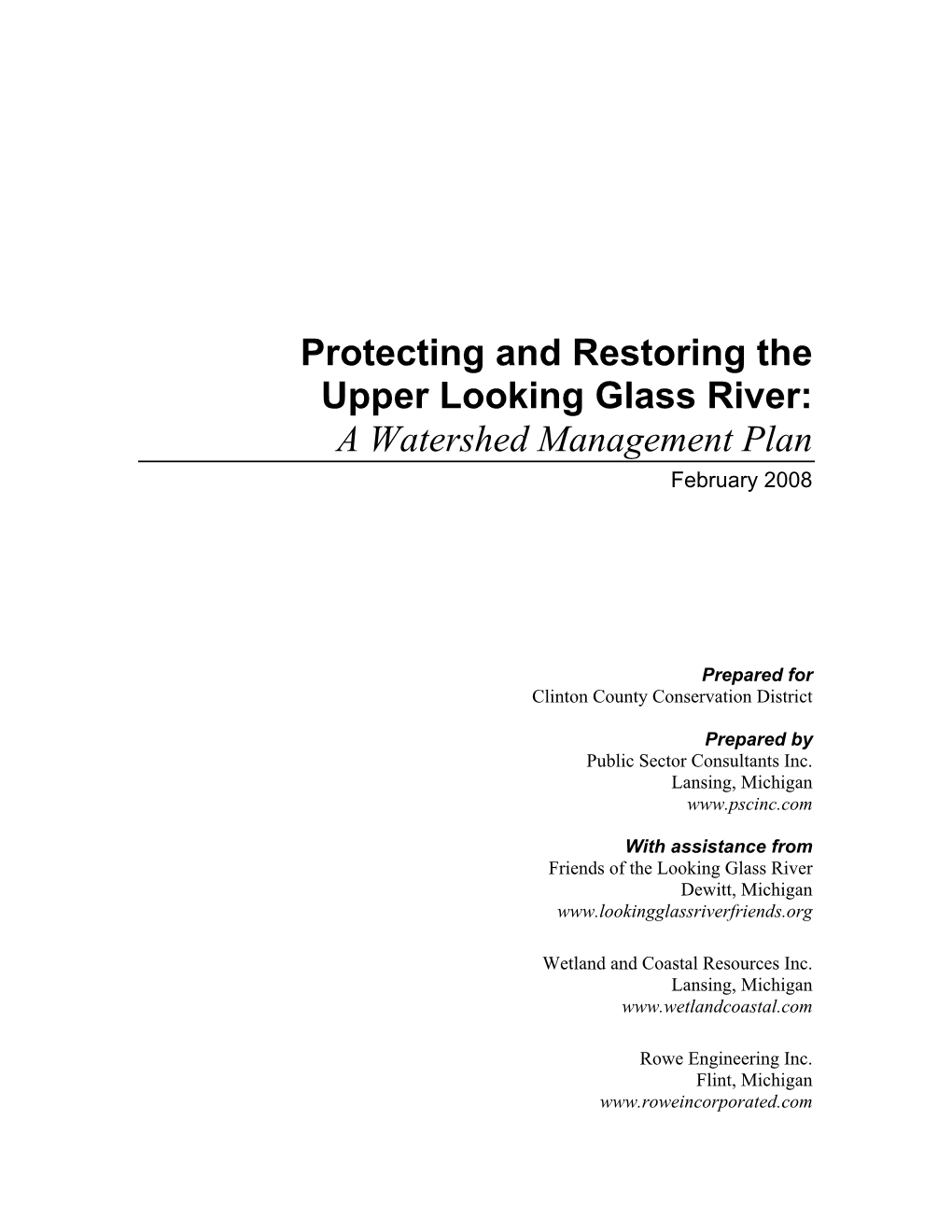 Protecting and Restoring the Upper Looking Glass River: a Watershed Management Plan February 2008