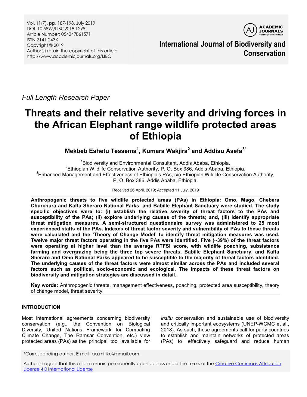 Threats and Their Relative Severity and Driving Forces in the African Elephant Range Wildlife Protected Areas of Ethiopia