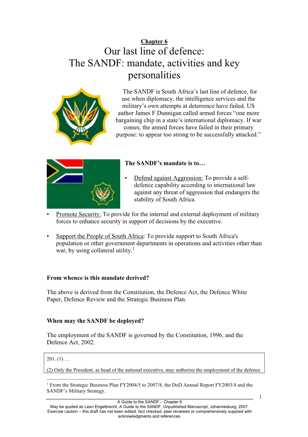 The SANDF: Mandate, Activities and Key Personalities