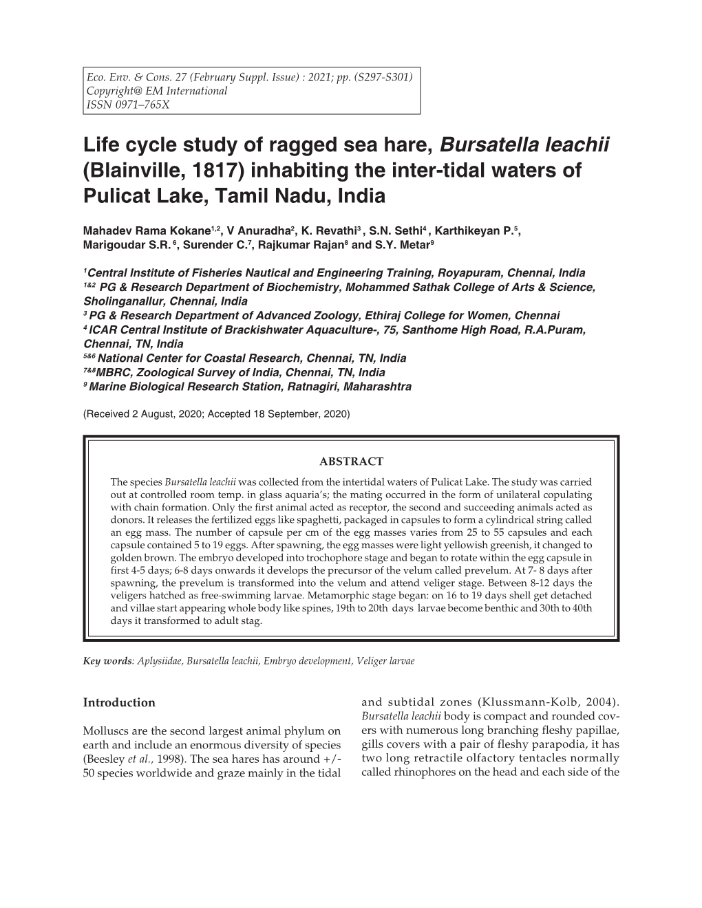 Life Cycle Study of Ragged Sea Hare, Bursatella Leachii (Blainville, 1817) Inhabiting the Inter-Tidal Waters of Pulicat Lake, Tamil Nadu, India