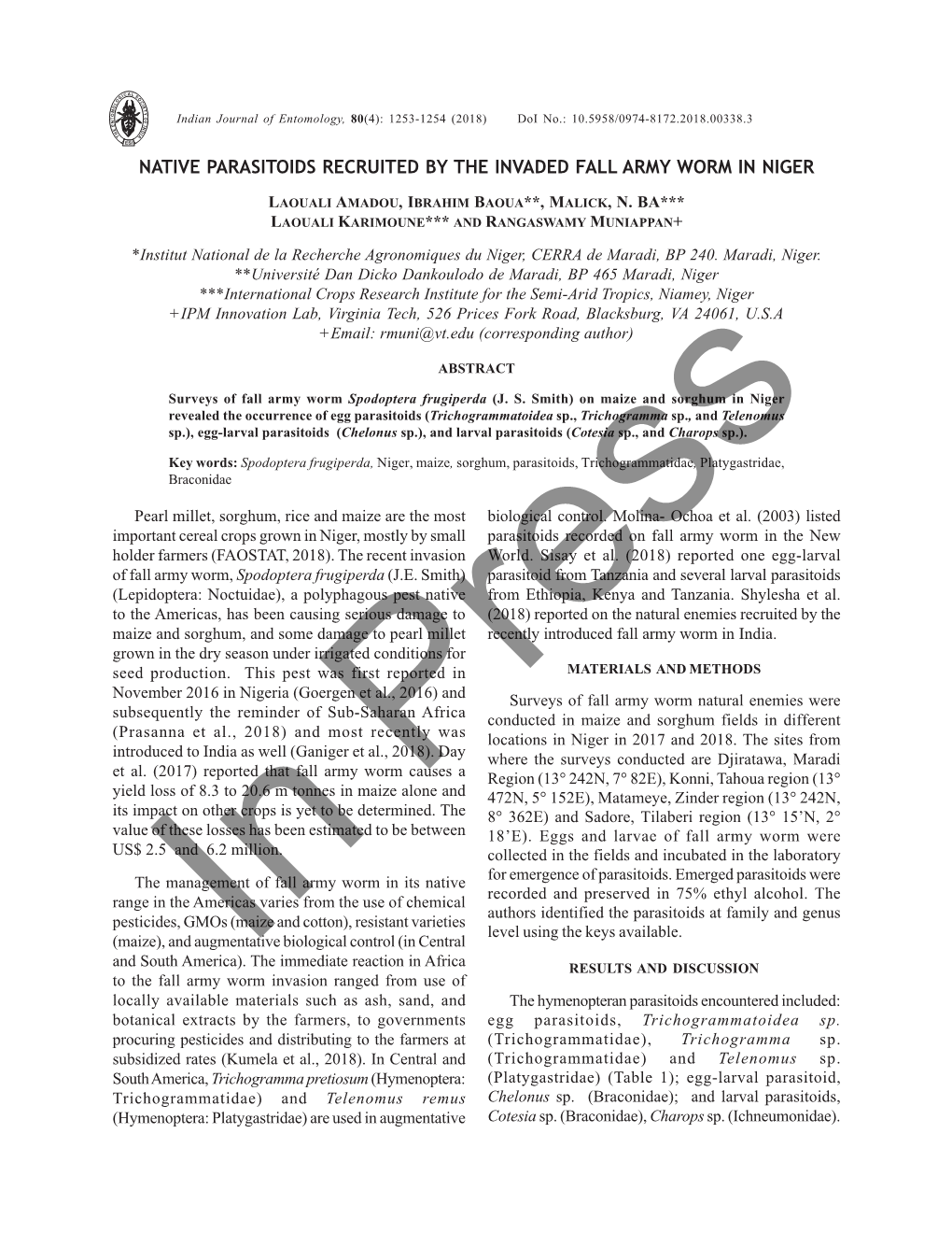 Native Parasitoids Recruited by the Invaded Fall Army Worm in Niger