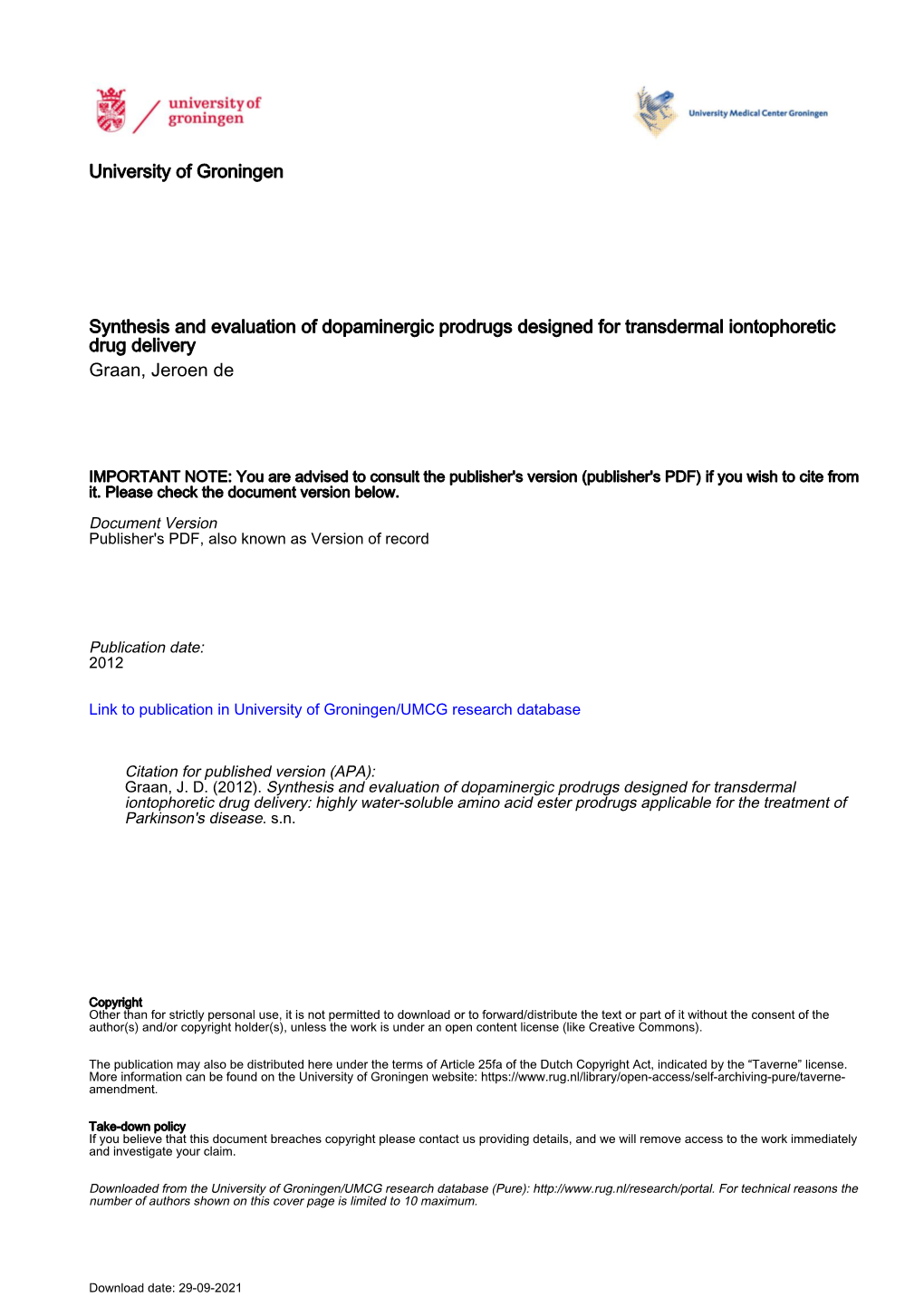 University of Groningen Synthesis and Evaluation of Dopaminergic