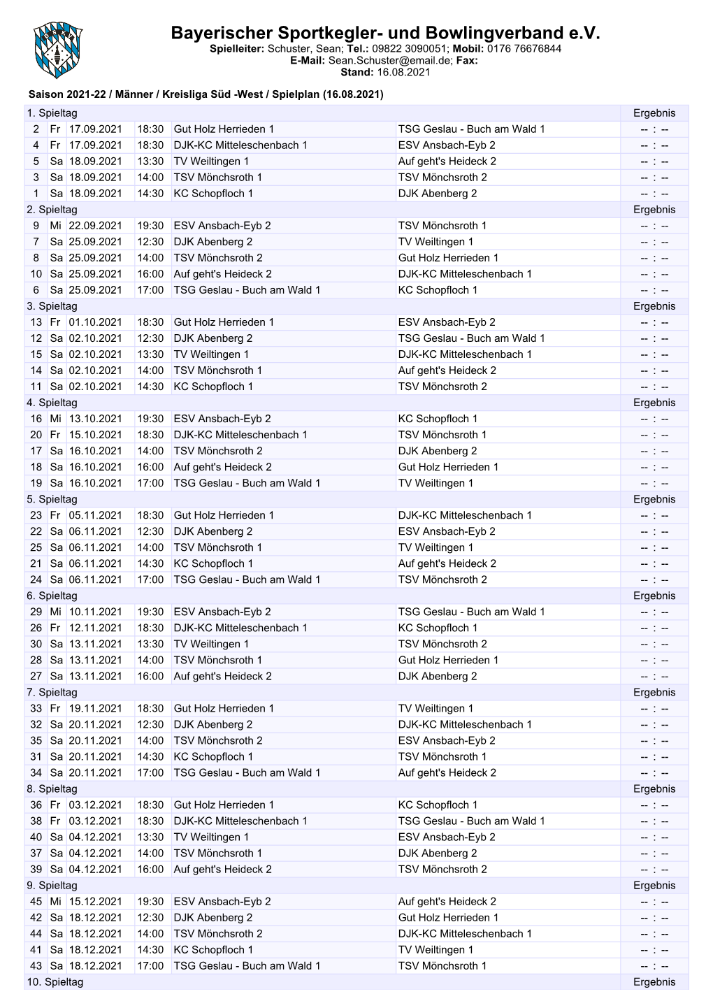 Saison 2021-22 / Männer / Kreisliga Süd -West / Spielplan (16.08.2021) 1