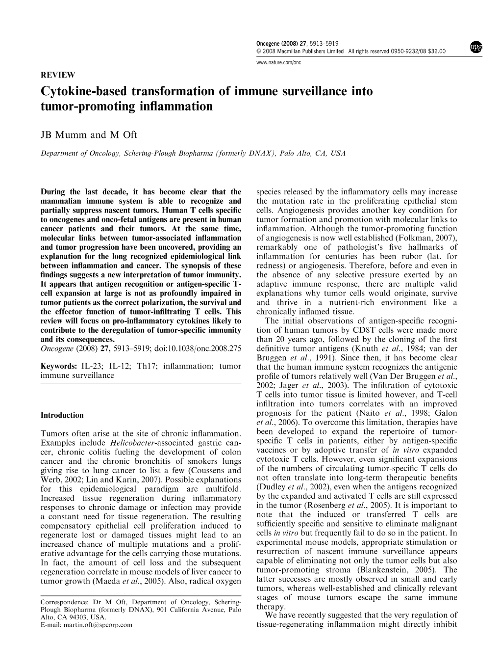 Cytokine-Based Transformation of Immune Surveillance Into Tumor-Promoting Inﬂammation