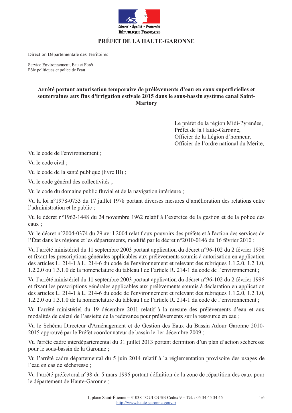 PRÉFET DE LA HAUTE-GARONNE Arrêté Portant Autorisation