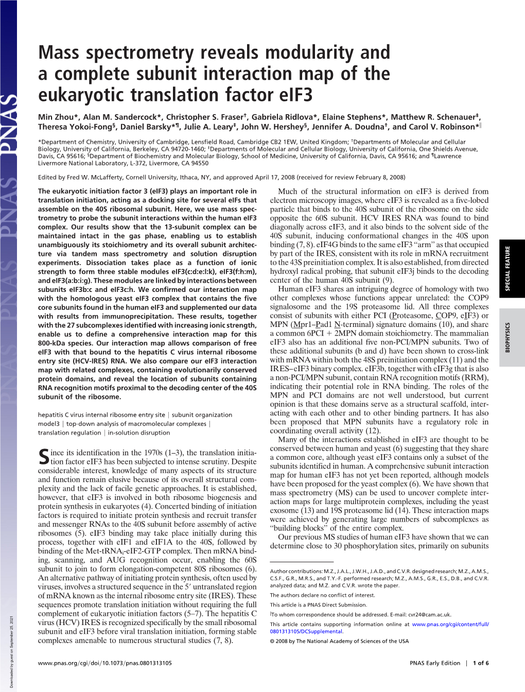 Mass Spectrometry Reveals Modularity and a Complete Subunit Interaction Map of the Eukaryotic Translation Factor Eif3