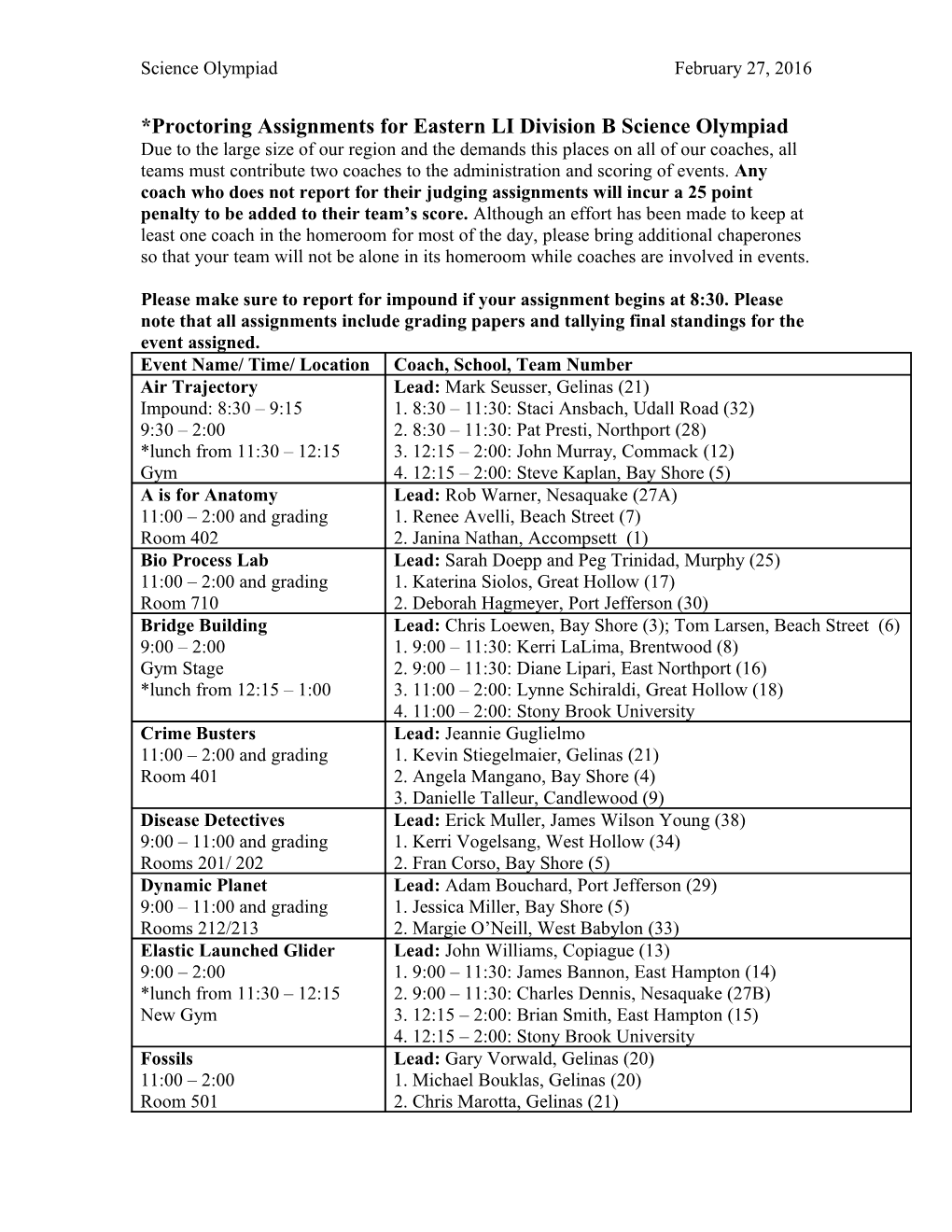 *Proctoring Assignments for Eastern LI Division B Science Olympiad