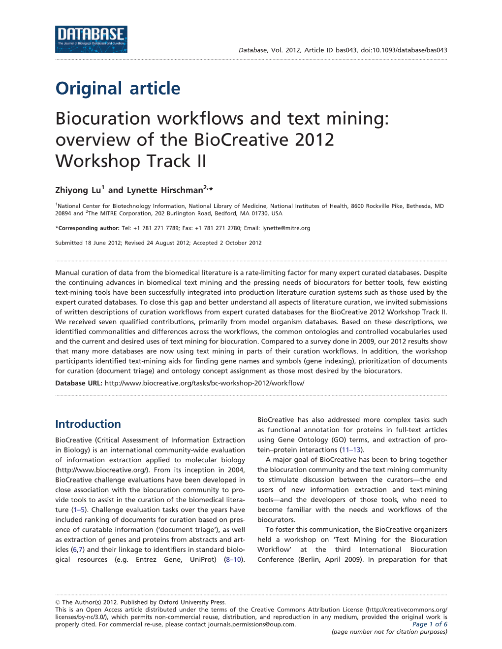 Biocuration Workflows and Text Mining: Overview of the Biocreative 2012 Workshop Track II