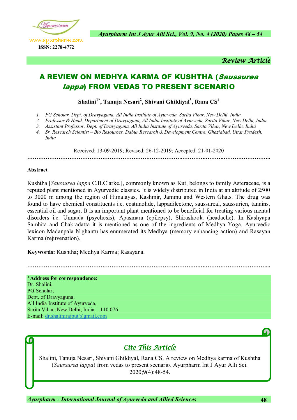 Saussurea Lappa) from VEDAS to PRESENT SCENARIO