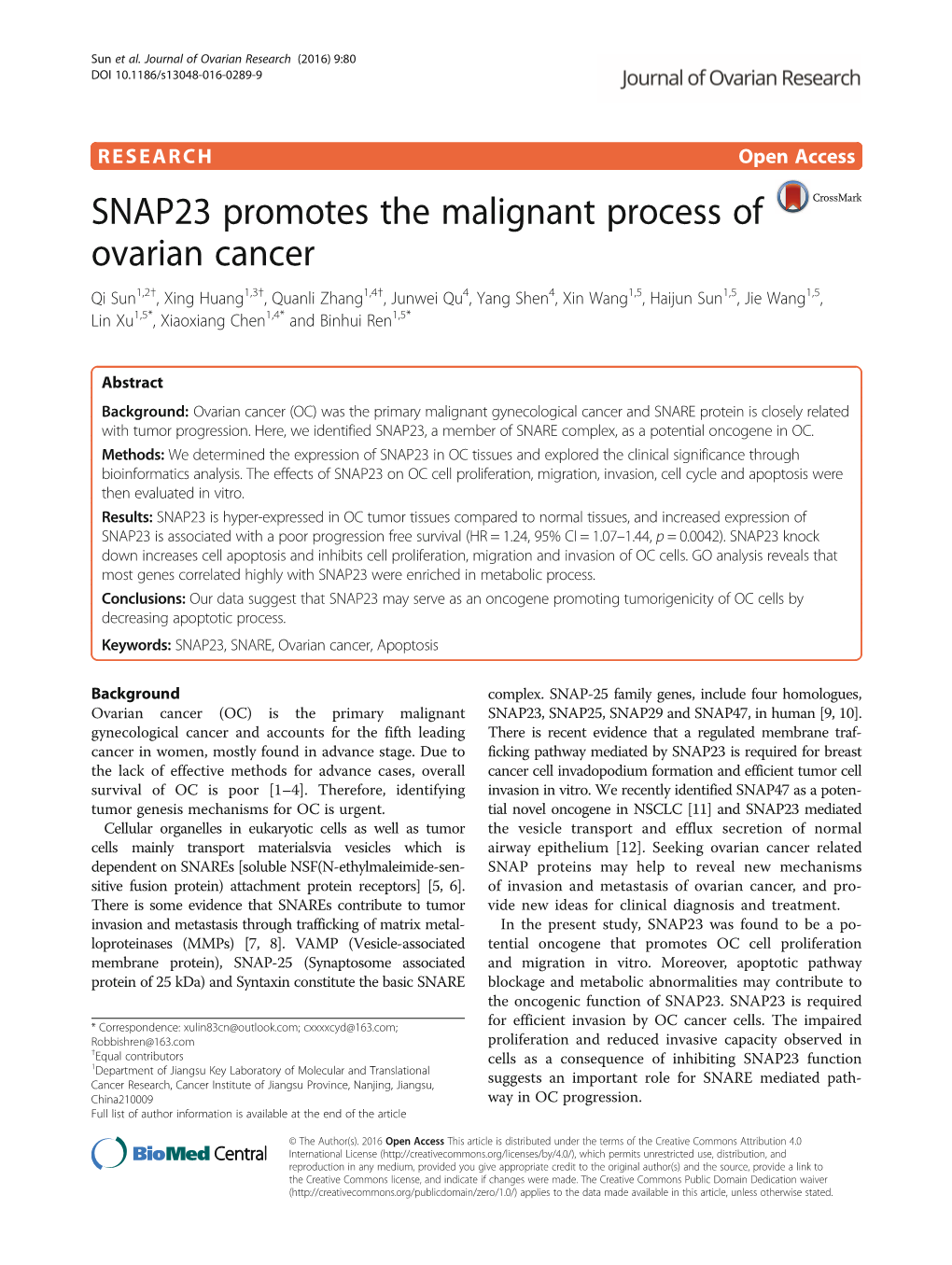 SNAP23 Promotes the Malignant Process of Ovarian Cancer