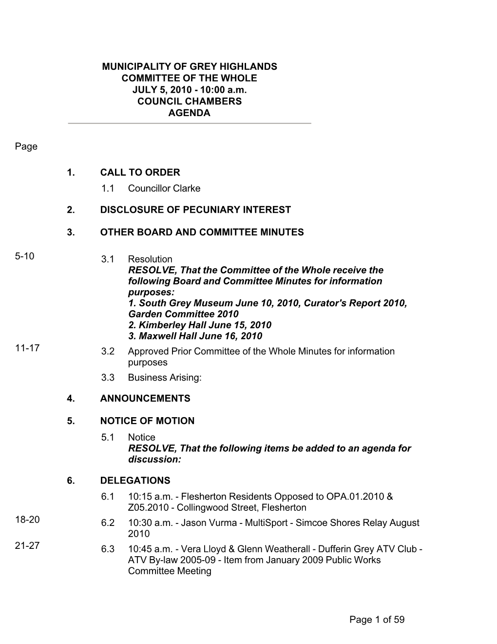 MUNICIPALITY of GREY HIGHLANDS COMMITTEE of the WHOLE JULY 5, 2010 - 10:00 A.M