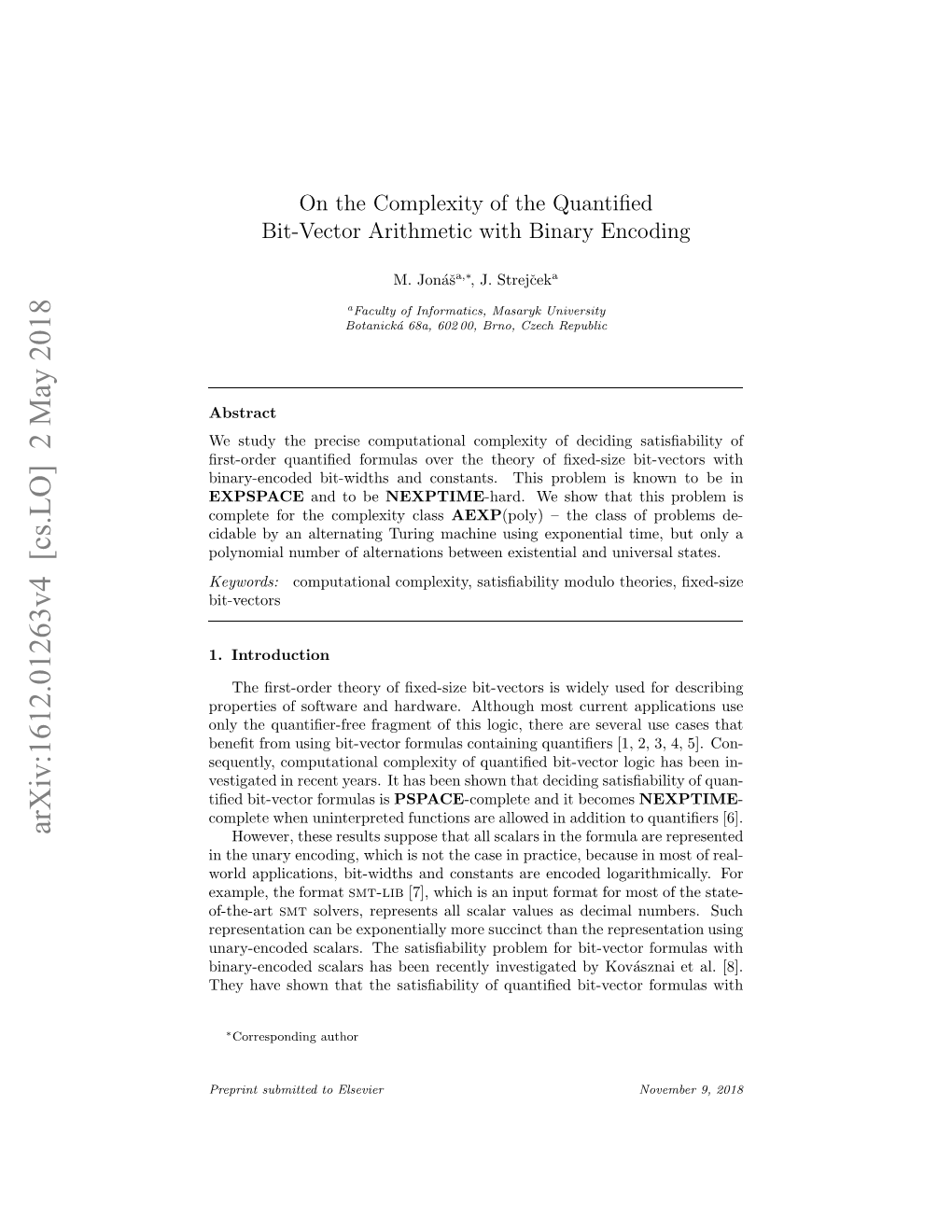 On the Complexity of the Quantified Bit-Vector Arithmetic with Binary