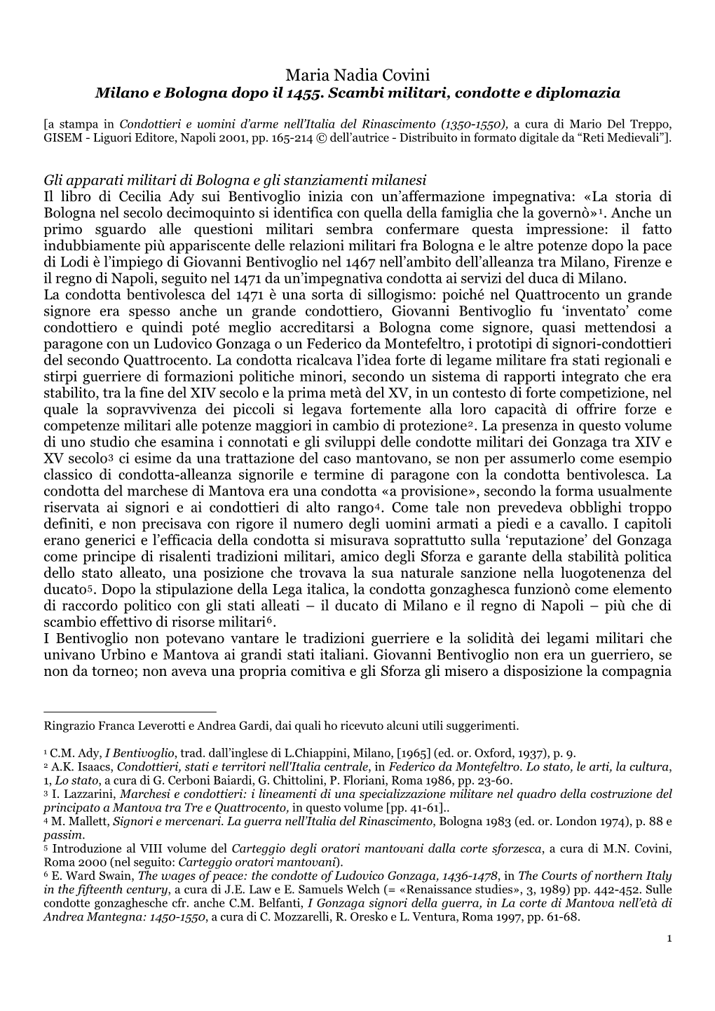 Maria Nadia Covini Milano E Bologna Dopo Il 1455