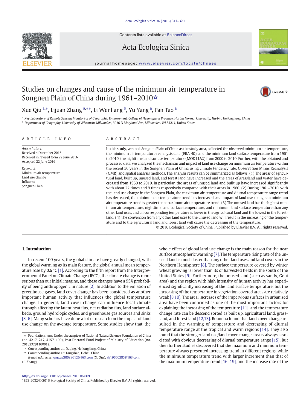 Studies on Changes and Cause of the Minimum Air Temperature in Songnen Plain of China During 1961–2010☆