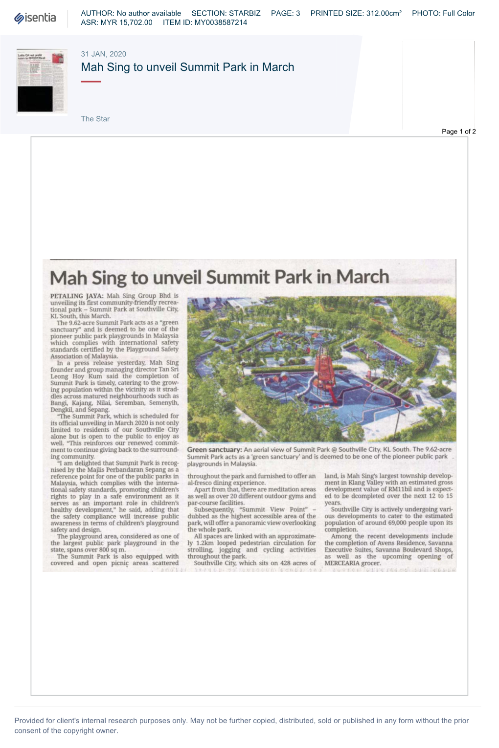 Mah Sing to Unveil Summit Park in March
